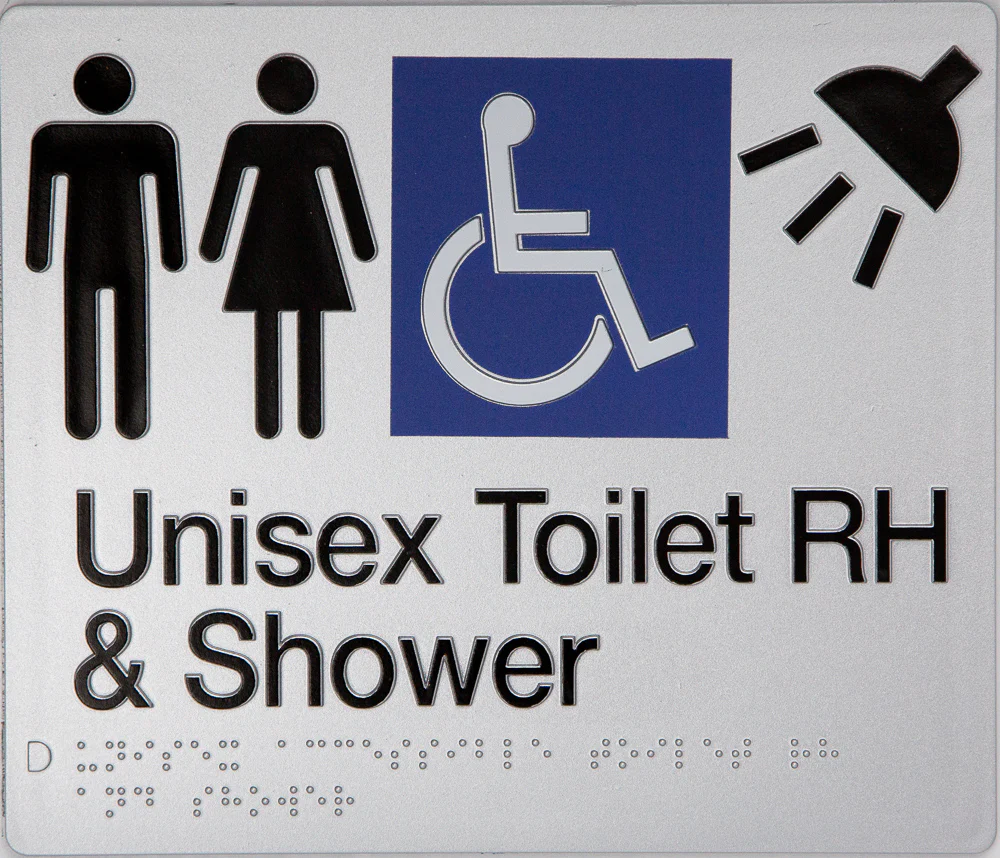Max Global Products BS028 Sign, Unisex Wheelchair Accessible Toilet & Shower Right Hand, , Blue/White PVC