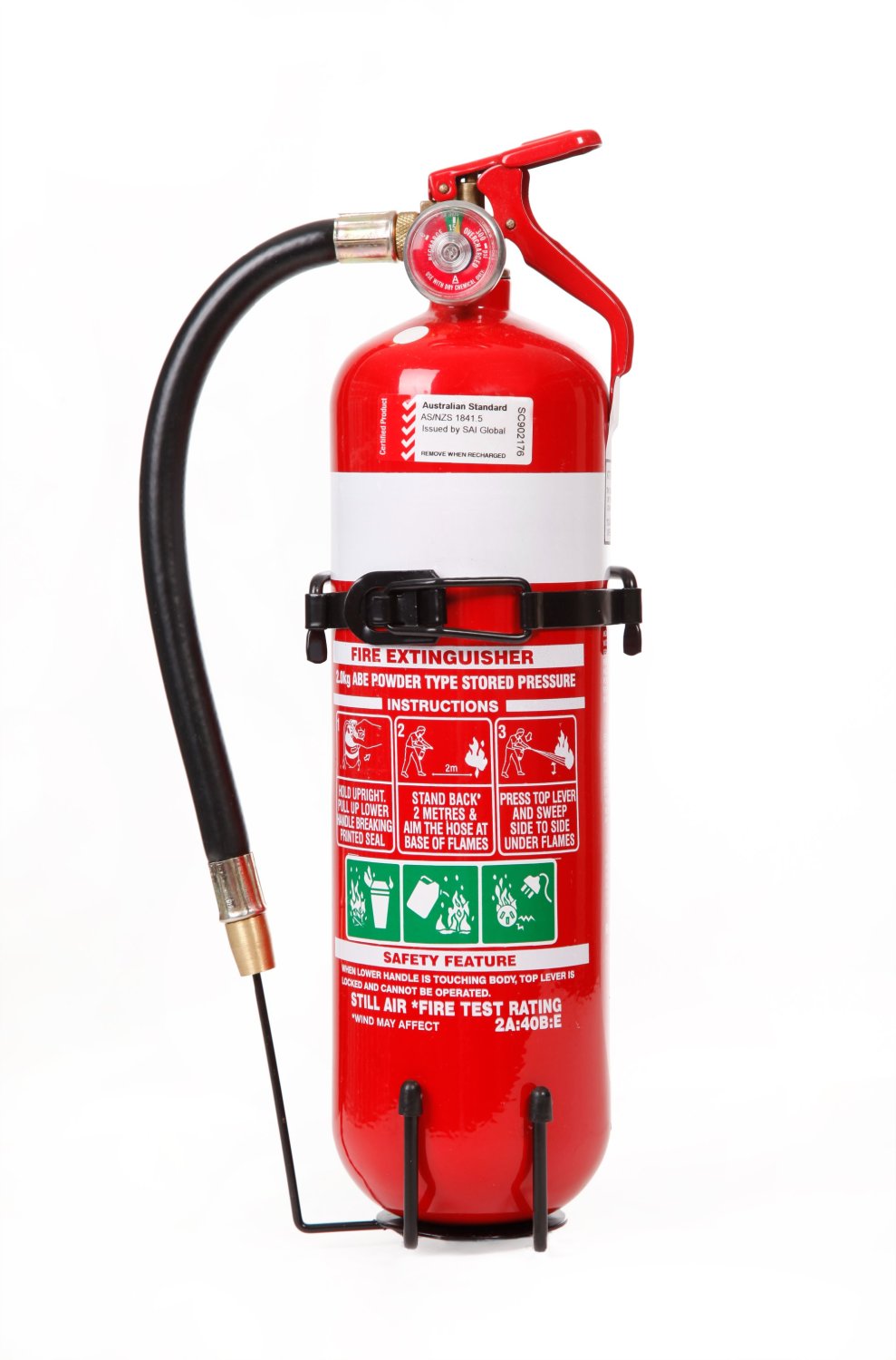 FIRE WORLD FE2 Dry Chemical ABE Fire Extinguisher, 2kg, with Hose & Wall/Vehicle Bracket