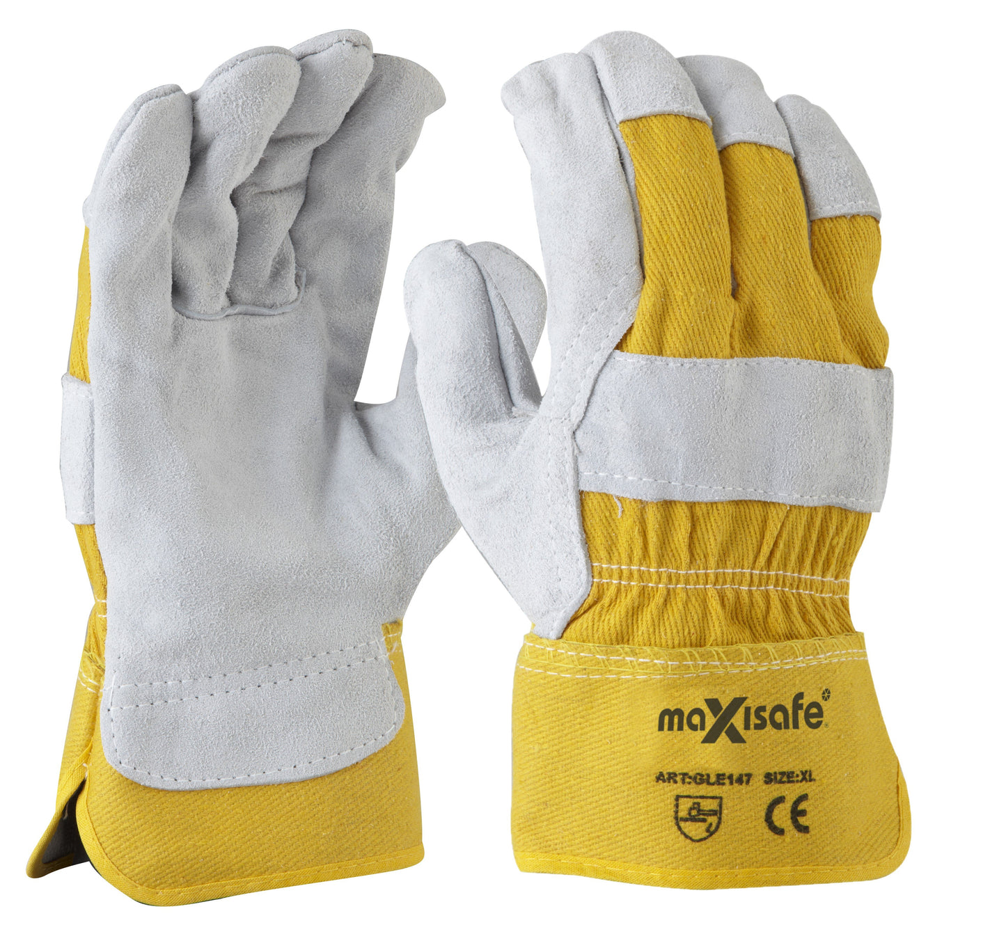 Maxisafe GLE147 Grey split palm, yellow cotton back glove