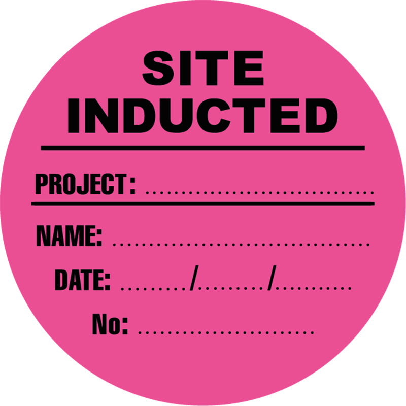 Max Global Products S9120 Site Inducted (Project, Name, Date, No), Black/Pink, Round Hardhat Stickers, Pack/12 Sign