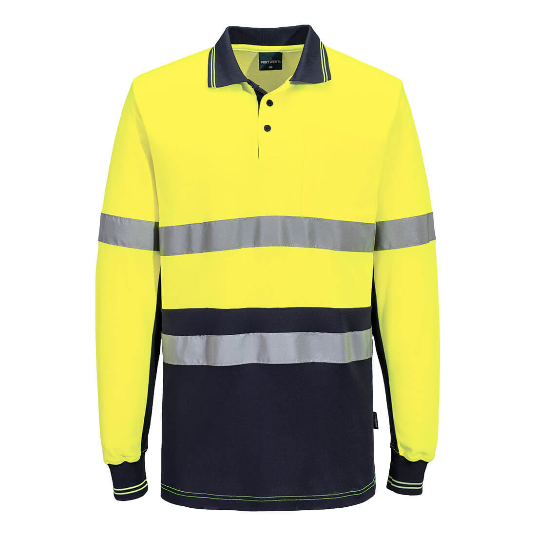 Portwest Hi-Vis Class D/N Cotton Comfort Contrast Polo Shirt L/S in Yellow/Navy