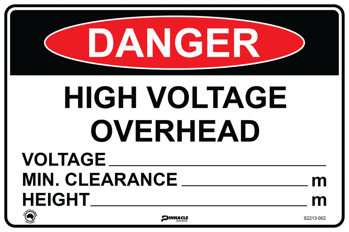 Max Global Products S2213 Danger High Voltage Overhead, Voltage/Min Clearance/Height Sign