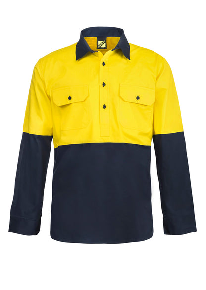 Workcraft WS4255 Mens Lightweight Hi Vis Closed Front Vented Cotton Drill Shirt With Semi Gusset Sleeves in Yellow/Navy