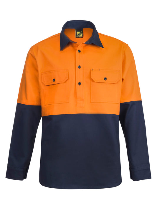 Workcraft WS4254 Mens Heavy Duty Hybrid Hi Vis Closed Front Cotton Drill Shirt With Gusset Sleeves in Orange/Navy