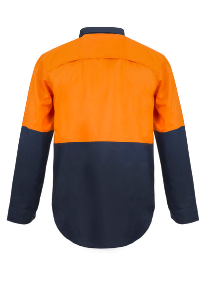 Workcraft WS4255 Mens Lightweight Hi Vis Closed Front Vented Cotton Drill Shirt With Semi Gusset Sleeves in Orange/Navy