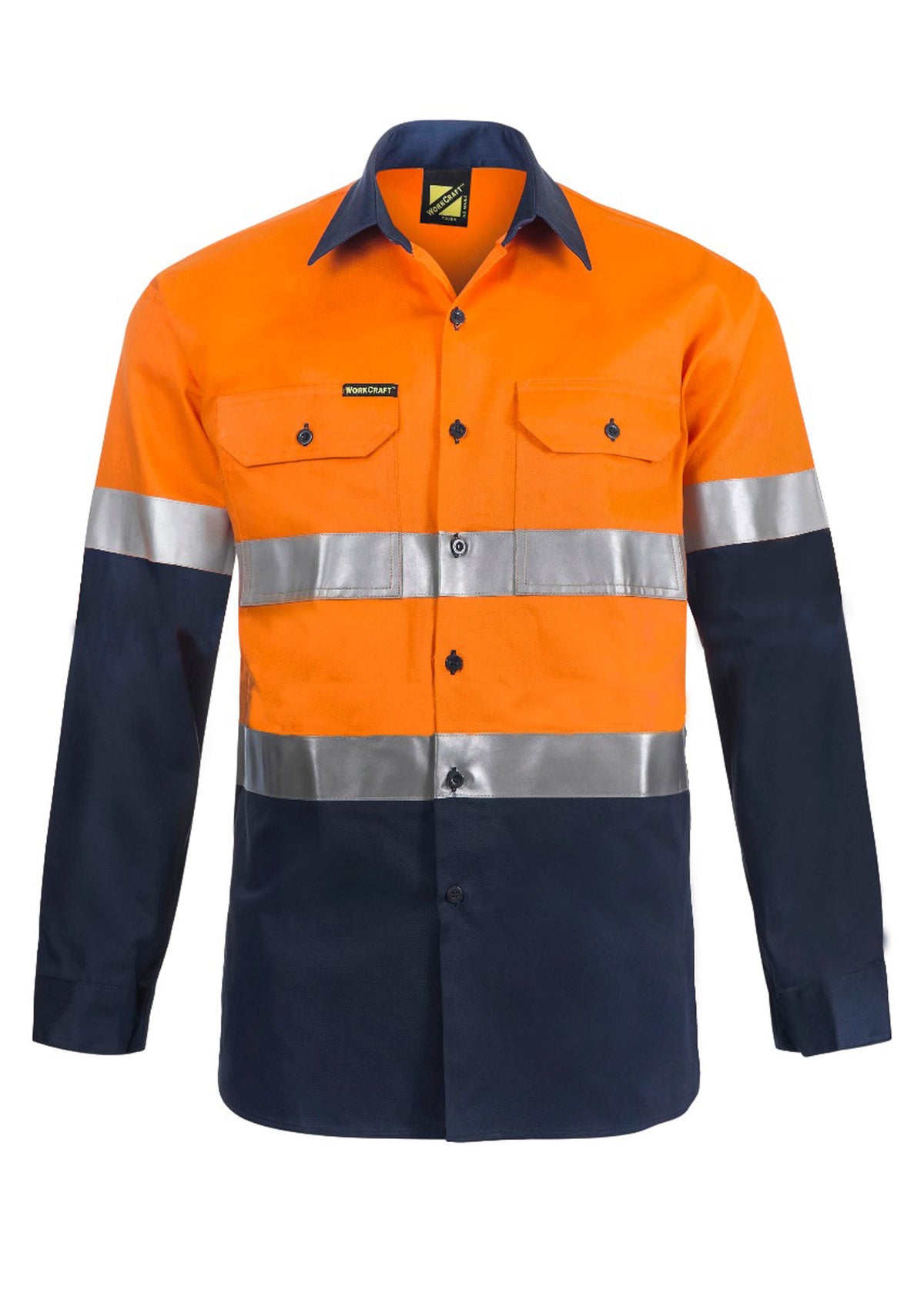 Workcraft WS3028 Mens Hi Vis Long Sleeve Cotton Drill Industrial Laundry Reflective Shirt in Orange/Navy