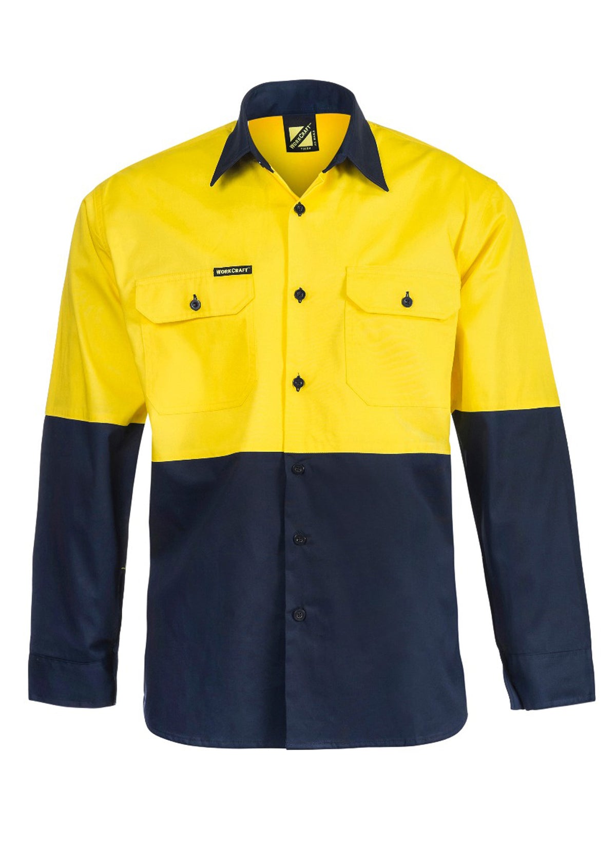 Workcraft WS4247 Lightweight Hi Vis Long Sleeve Vented Cotton Drill Shirt in Yellow/Navy