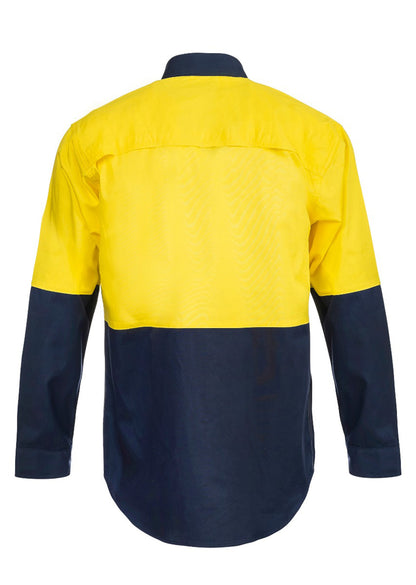 Workcraft WS4247 Lightweight Hi Vis Long Sleeve Vented Cotton Drill Shirt in Yellow/Navy