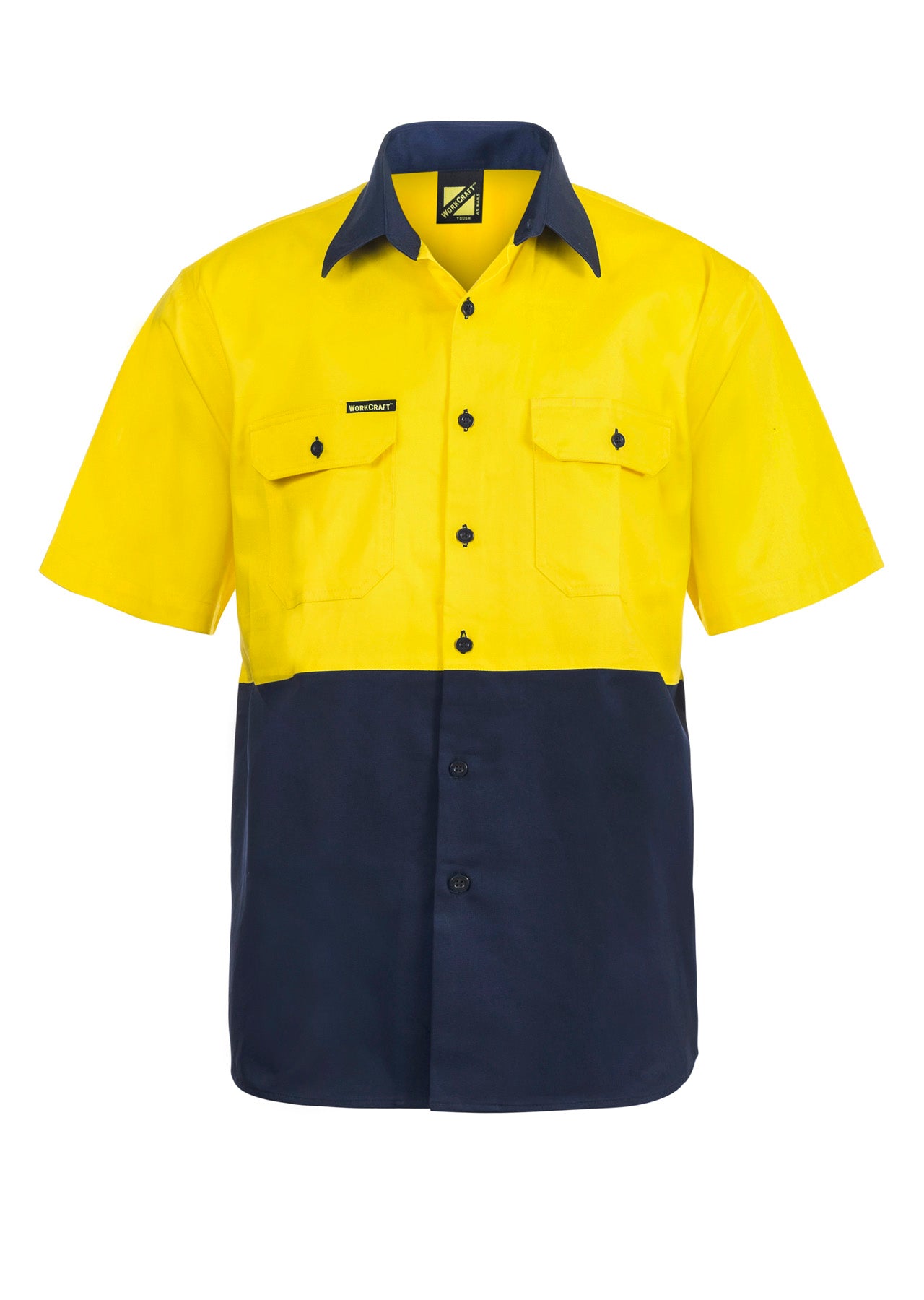Workcraft WS3023 Mens Hi Vis Short Sleeve Cotton Drill Shirt in Yellow/Navy