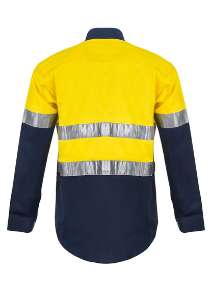 Workcraft WS3028 Mens Hi Vis Long Sleeve Cotton Drill Industrial Laundry Reflective Shirt in Yellow/Navy