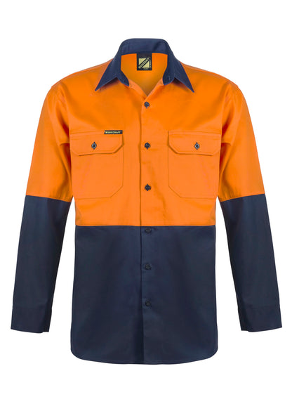 Workcraft WS3022 Mens Hi Vis Long Sleeve Cotton Drill Shirt in Orange/Navy