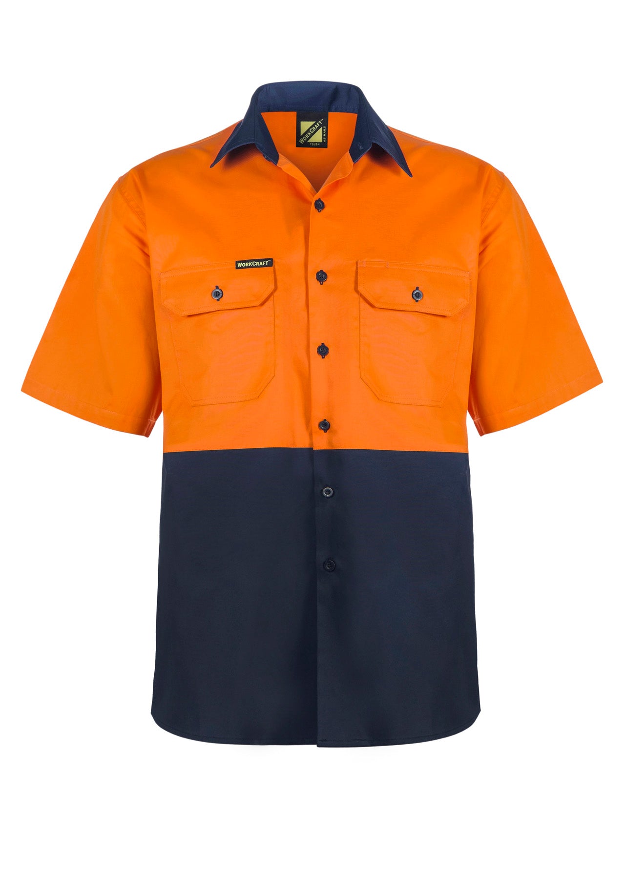 Workcraft WS4248 Lightweight Hi Vis Short Sleeve Vented Cotton Drill Shirt in Orange/Navy