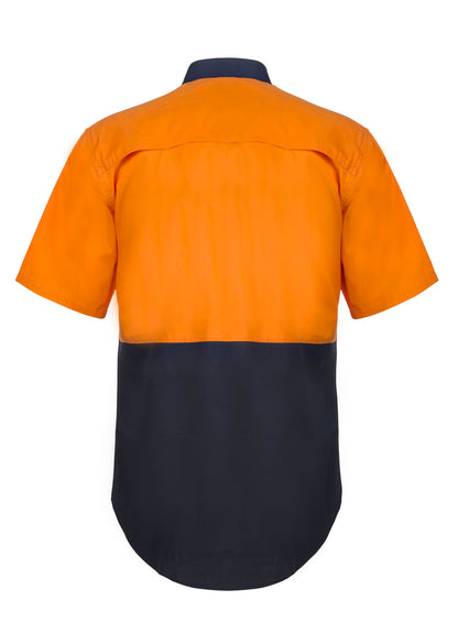 Workcraft WS4248 Lightweight Hi Vis Short Sleeve Vented Cotton Drill Shirt in Orange/Navy
