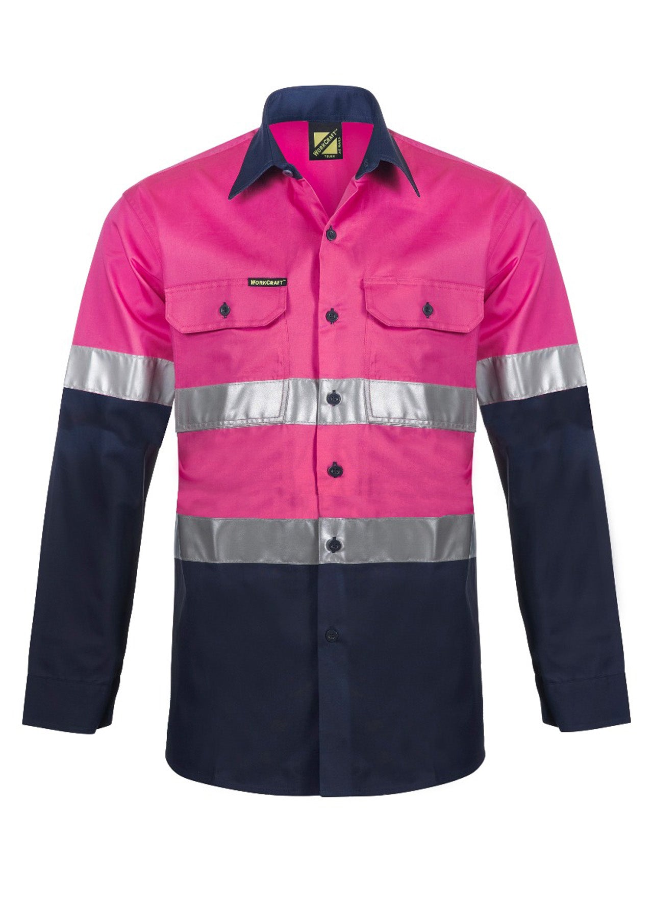 Workcraft WS4132 Lightweight Long Sleeve Vented Cotton Drill Reflective Shirt – Night Use Only in Pink/Navy
