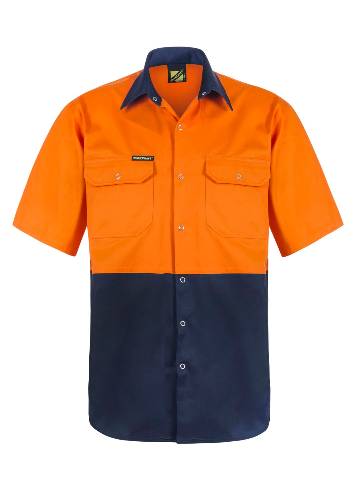 Workcraft WS3063 Hi Vis Short Sleeve Cotton Drill Industrial Laundry Shirt With Press Studs in Orange/Navy