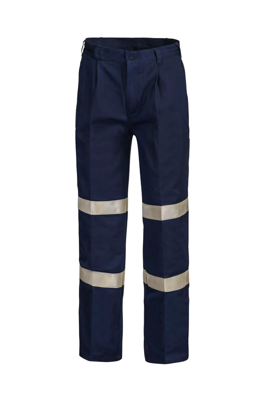 Workcraft WP3045L Mens Reflective Single Pleat Cotton Drill Industrial Laundry Trouser Long in Navy