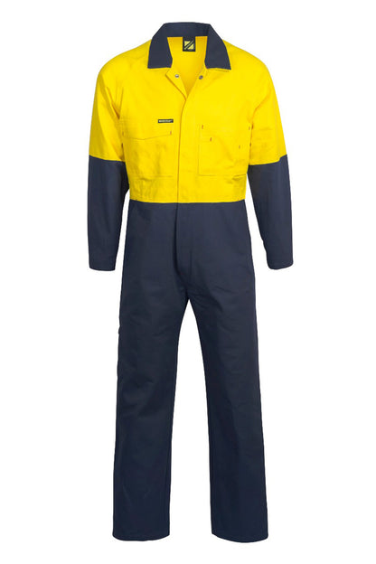 Workcraft WC3051L Mens Hi Vis Cotton Drill Coveralls Long in Yellow/Navy