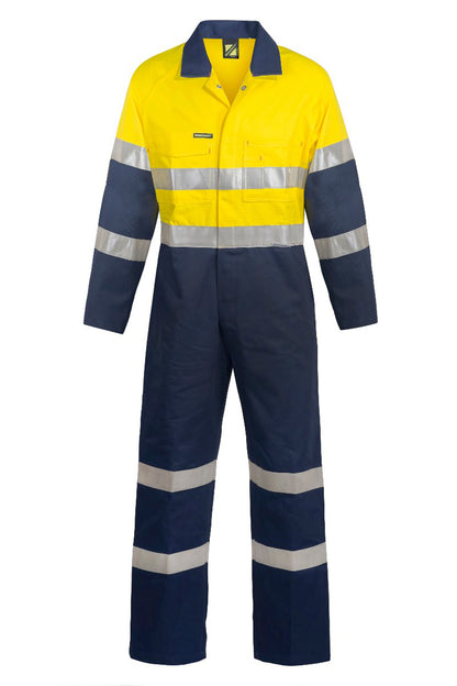 Workcraft WC3056 Mens Hi Vis Cotton Drill Reflective Industrial Laundry Coveralls in Yellow/Navy