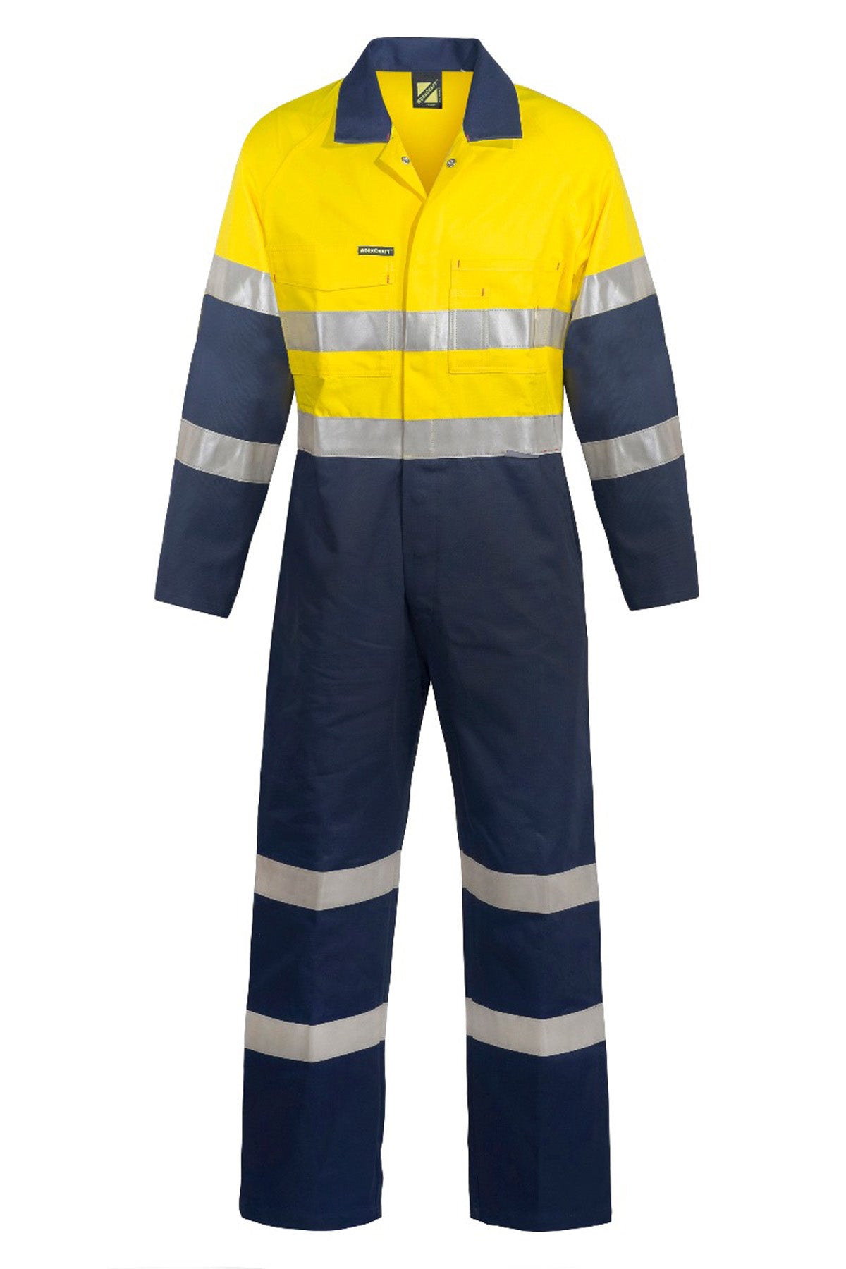 Workcraft WC3056L Mens Hi Vis Cotton Drill Reflective Industrial Laundry Coveralls Long in Orange/Navy, Yellow/Navy