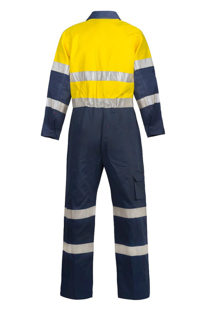 Workcraft WC3056 Mens Hi Vis Cotton Drill Reflective Industrial Laundry Coveralls in Yellow/Navy