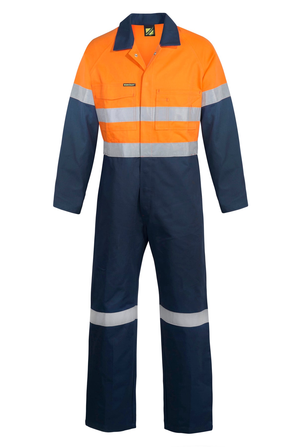 Workcraft WC6093 Mens Hi Vis Cotton Drill Reflective Coveralls in Orange/Navy, Yellow/Navy
