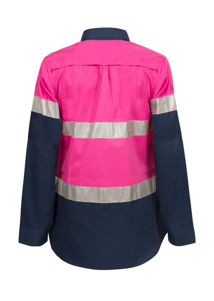 Workcraft WSL503 Ladies Lightweight Hi Vis Long Sleeve Vented Reflective Cotton Drill Shirt – Night Use Only in Pink/Navy