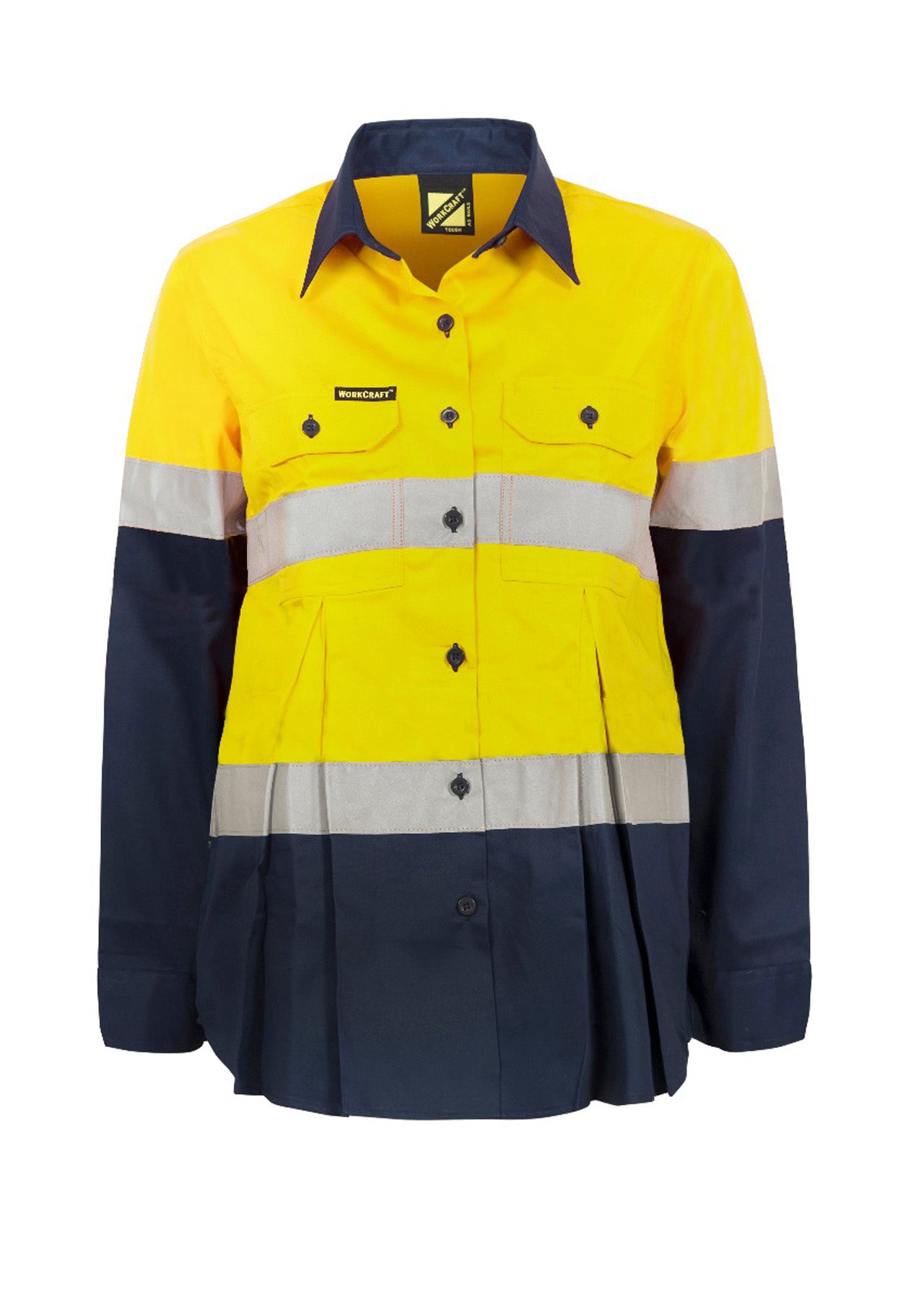 Workcraft WSL601 Ladies Maternity Lightweight Hi Vis Long Sleeve Vented Reflective Cotton Drill Shirt in Yellow/Navy
