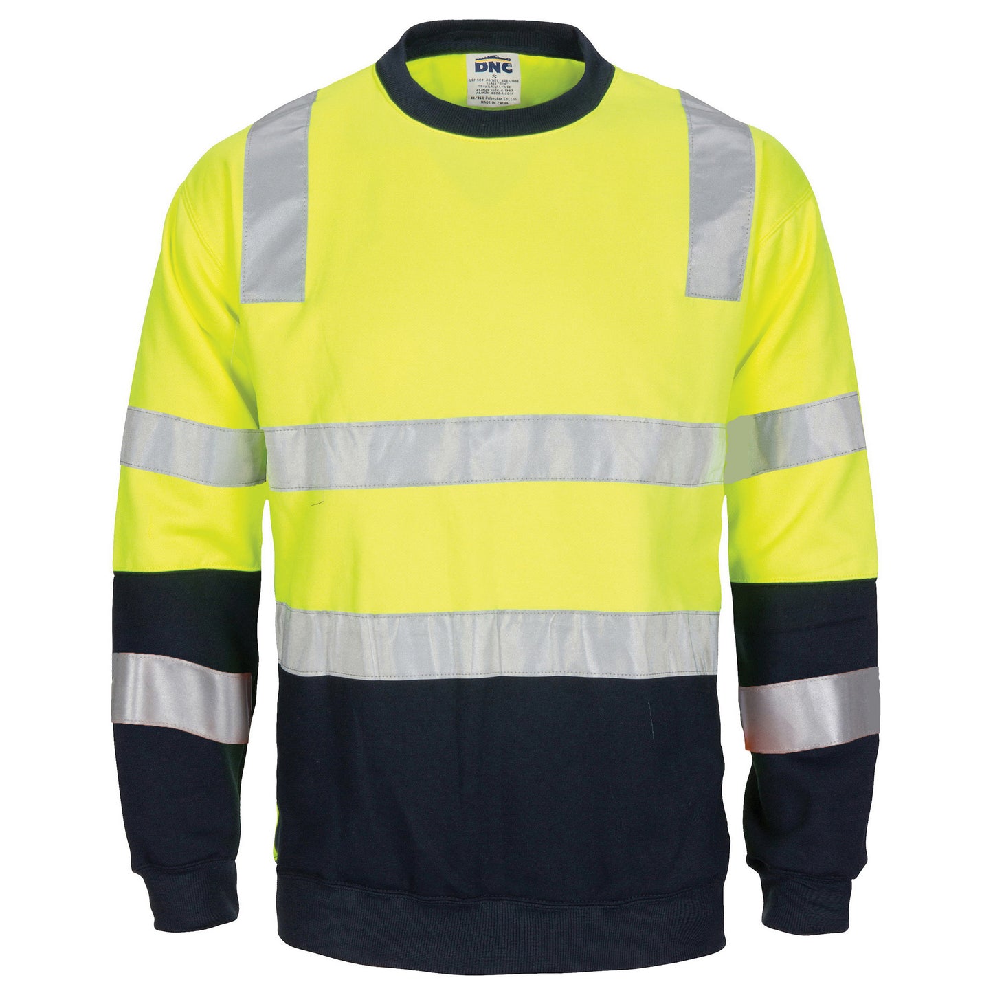 3723 HIVIS 2 tone, crew-neck fleecy sweat shirt with shoulders, double hoop body and arms CSR R/Tape.