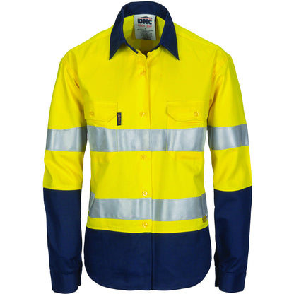 3986 Ladies HiVis Two Tone Cool-Breeze Cotton Shirt with 3M R/Tape - Long sleeve