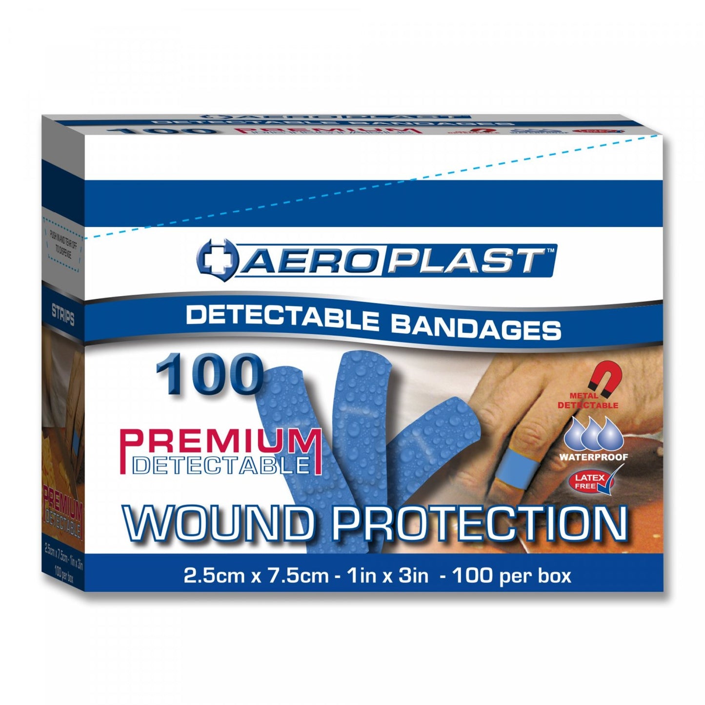 AERO HEALTHCARE AD1000 Aeroplast Blue Detectable Strips 75mm x 25mm Box of 100