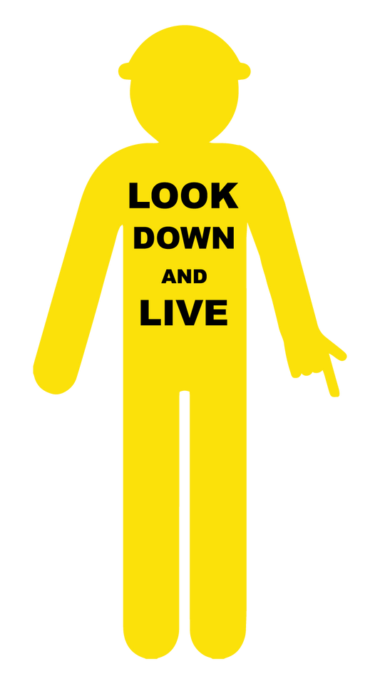 Max Global Products S4135 Yellow Cut Out Worker, Arms Down - Finger Pointing "Look Down & Live" Sign