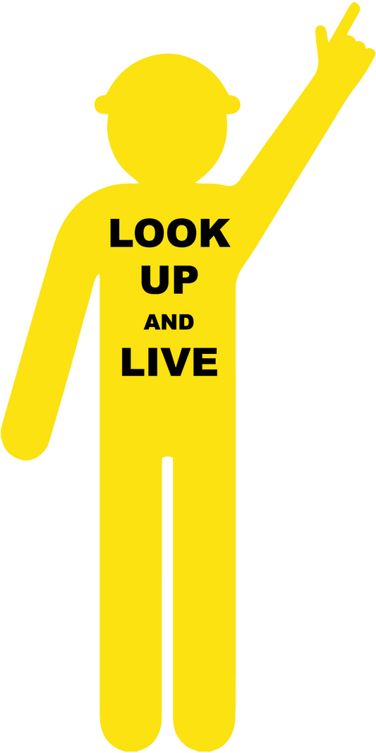 Max Global Products S4113 Yellow Cut Out Worker, Arm Up - Finger Pointing "Look Up & Live" Sign