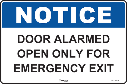 Max Global Products S8206 Notice Door Alarmed Open Only For Emergency Exit Sign