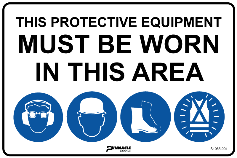 Max Global Products S1055 Combination Mandatory Sign, In This Area, Hearing/Eye, Hardhat, Footwear, Hi Vis