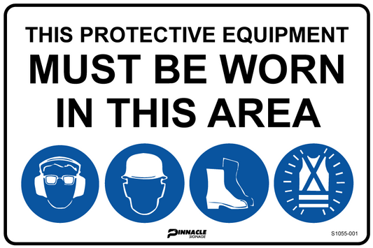Max Global Products S1055 Combination Mandatory Sign, In This Area, Hearing/Eye, Hardhat, Footwear, Hi Vis