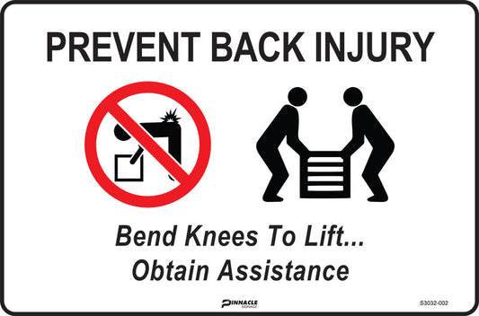 Max Global Products S3032 Prevent Back Injury. Bend Knees To Lift... Obtain Assistance Sign