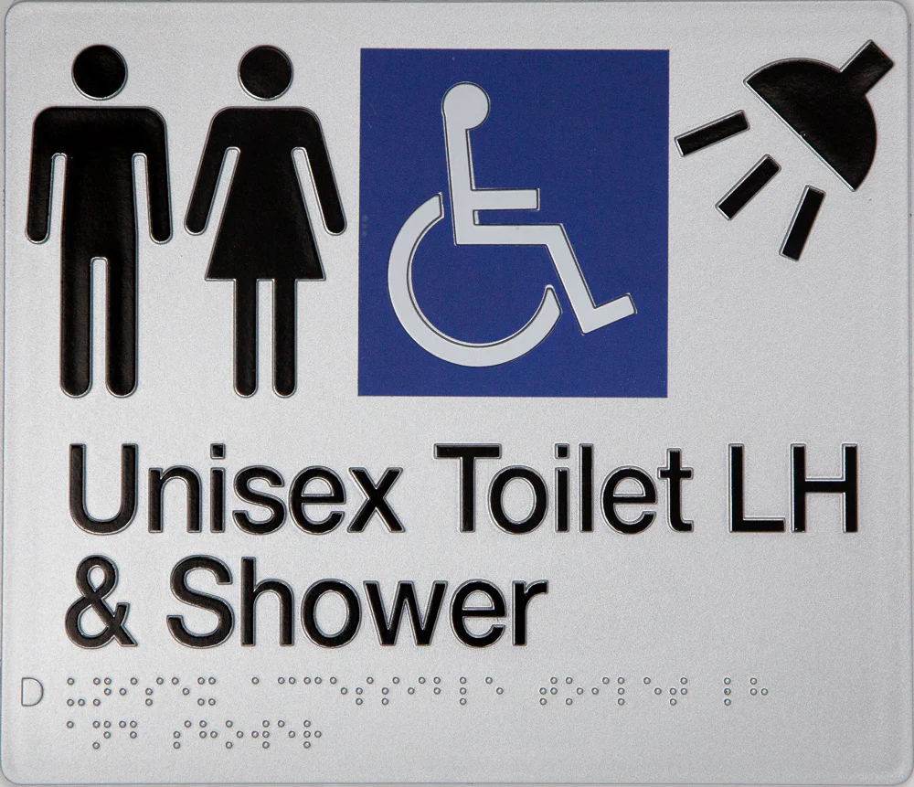 Max Global Products BS027 Sign, Unisex Wheelchair Accessible Toilet & Shower Left Hand, , Blue/White PVC