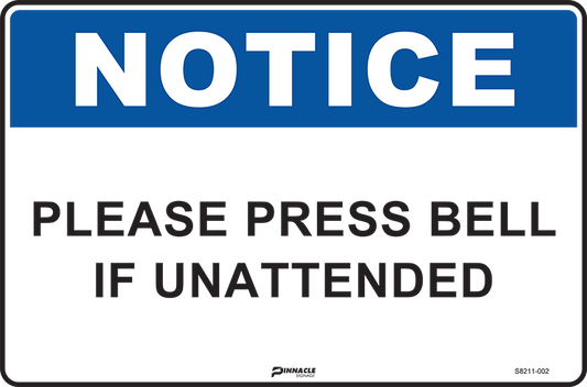 Max Global Products S8211 Notice Please Press Bell If Unattended Sign