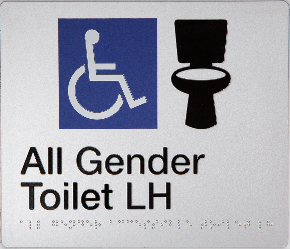 Max Global Products BS065 Sign, All Gender Wheelchair Accessible Toilet Left Hand, , Blue/White PVC