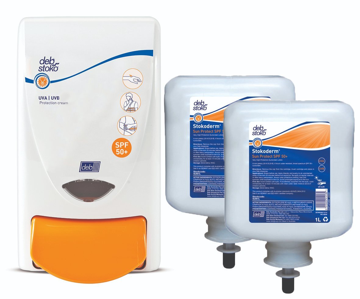SC JOHNSON DEB D-SUN1LSPK Deb Stoko Sun Protect Starter Pack — 2 x SPF50+ Cartridge 1L + Dispenser