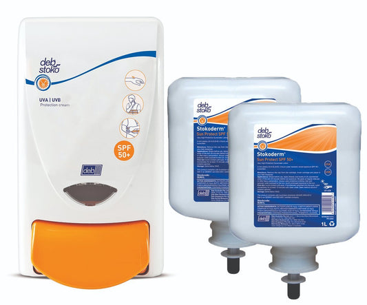 SC JOHNSON DEB D-SUN1LSPK Deb Stoko Sun Protect Starter Pack — 2 x SPF50+ Cartridge 1L + Dispenser