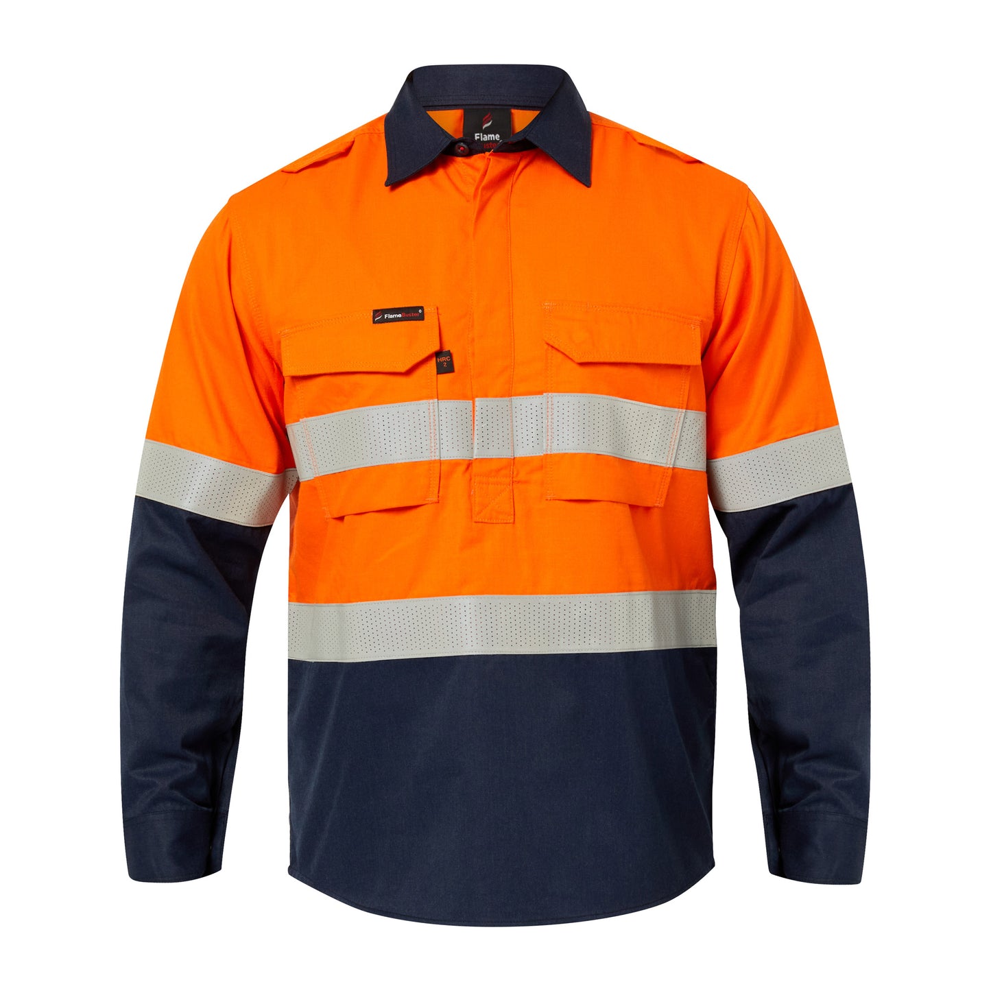 Flamebuster FSV015A Mens HRC2 Inherent Hi Vis Reflective Shirt With Gusset Sleeves in Orange/Navy