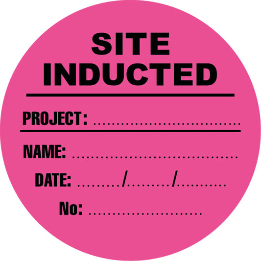 Max Global Products S9120 Site Inducted (Project, Name, Date, No), Black/Pink, Round Hardhat Stickers, Pack/12 Sign