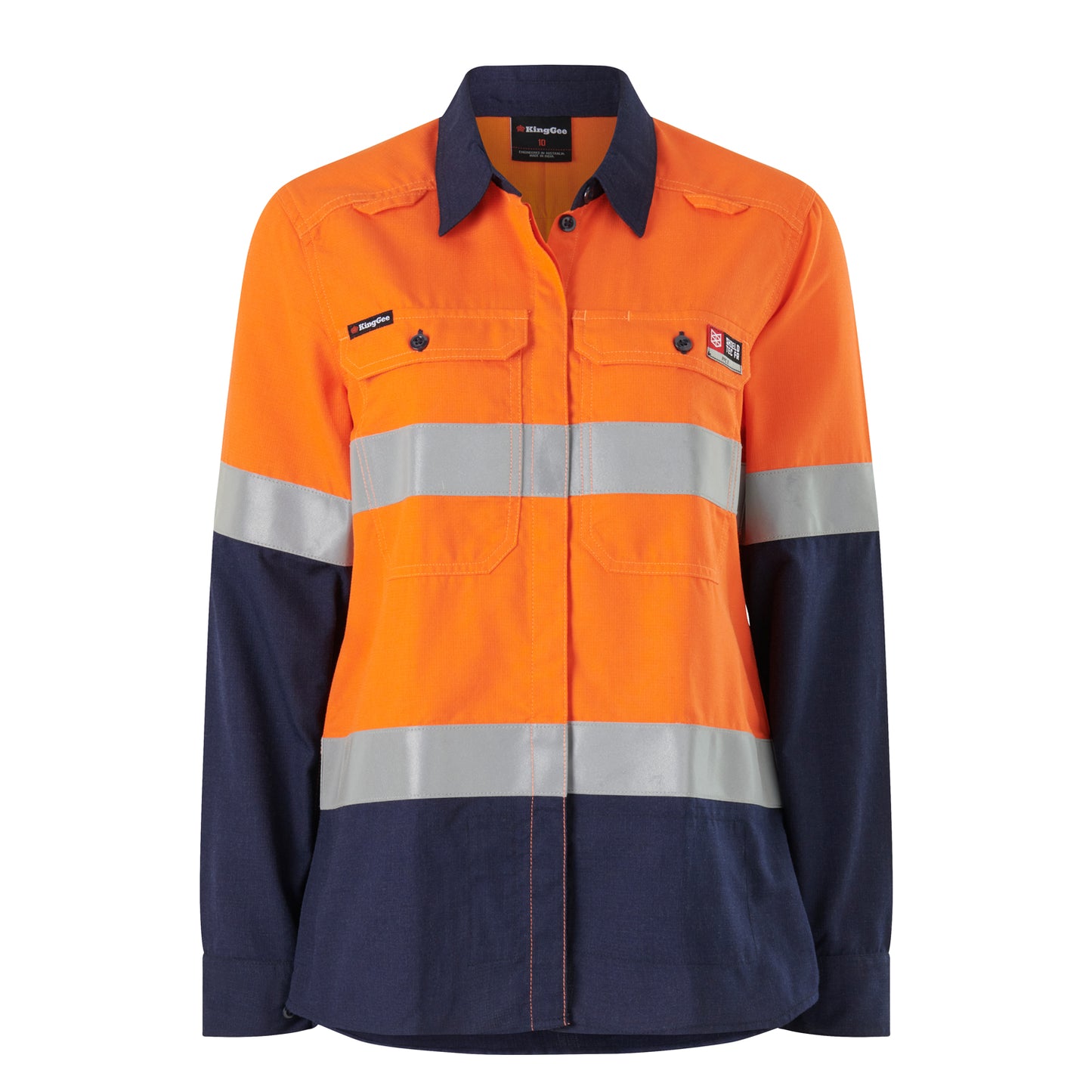 King Gee K84002 Womens Shieldtec LENZING FR Hi-Vis Spliced Open Front Taped Shirt PPE2