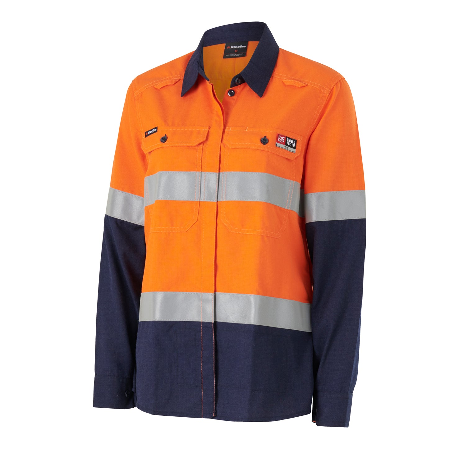King Gee K84002 Womens Shieldtec LENZING FR Hi-Vis Spliced Open Front Taped Shirt PPE2