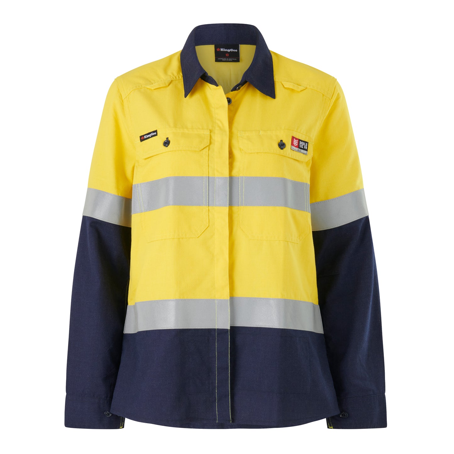 King Gee K84002 Womens Shieldtec LENZING FR Hi-Vis Spliced Open Front Taped Shirt PPE2