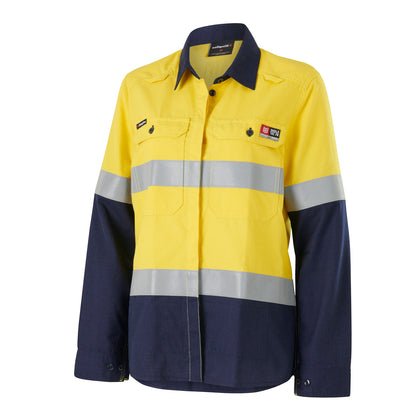 King Gee K84002 Womens Shieldtec LENZING FR Hi-Vis Spliced Open Front Taped Shirt PPE2