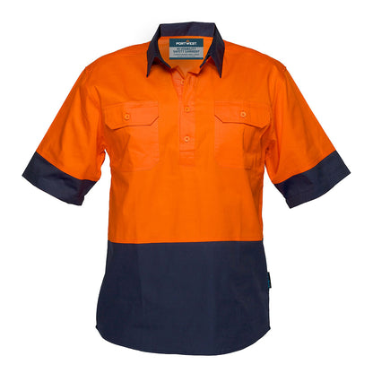 Portwest Canberra Hi-Vis Lightweight Contrast 1/2 Button Class D Shirt S/S in Orange/Navy