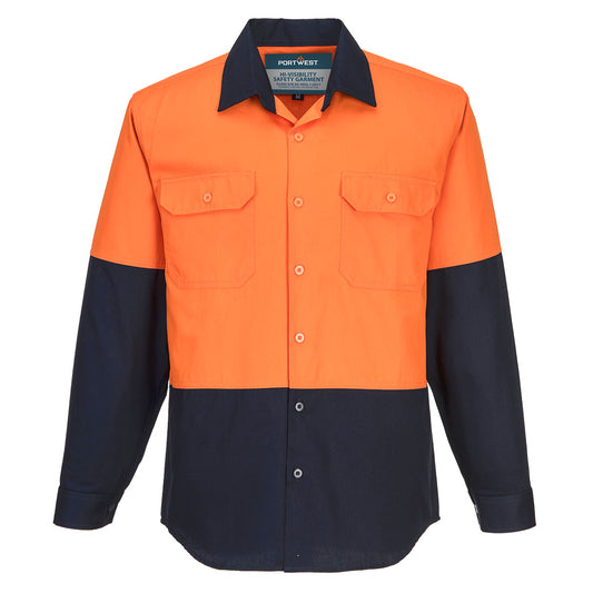 Portwest Canberra Hi-Vis Contrast Class D Shirt L/S in Orange/Navy