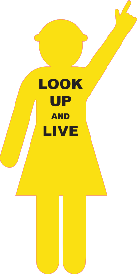 Max Global Products S4151 Yellow Cut Out Female Worker, Arm Up - Finger Pointing "Look Up & Live" Sign